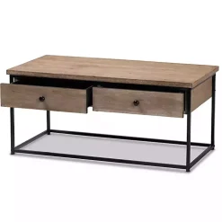 Brown Wood and Metal 2-Drawer Coffee Table