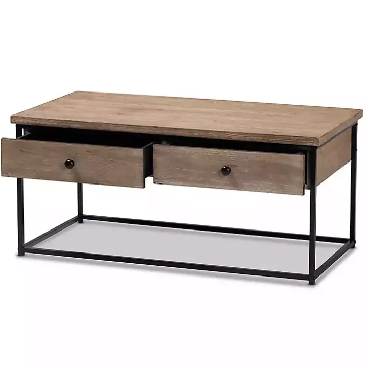 Brown Wood and Metal 2-Drawer Coffee Table