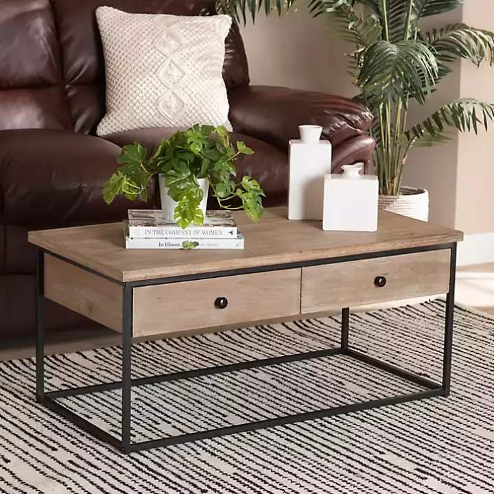 Brown Wood and Metal 2-Drawer Coffee Table