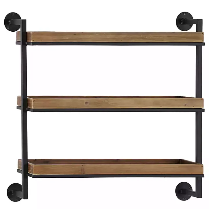 Brown Wood Black Metal Pipe Frame Wall Shelf