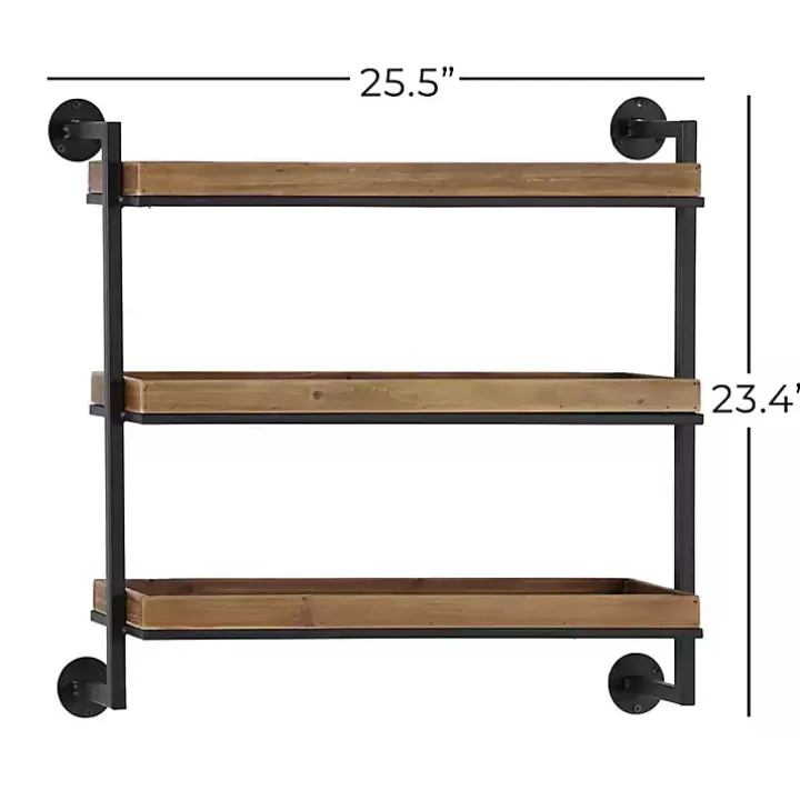 Brown Wood Black Metal Pipe Frame Wall Shelf