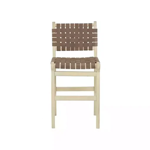 Brown Woven Leather Wooden Counter Stool