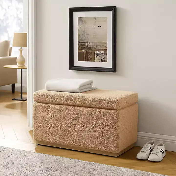 Camel Sherpa & Pine Rectangle Storage Ottoman
