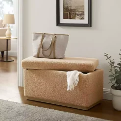 Camel Sherpa & Pine Rectangle Storage Ottoman