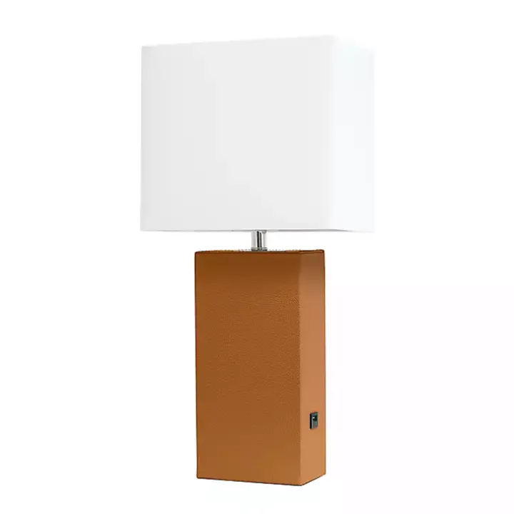 Caramel Faux Leather Charging Table Lamp