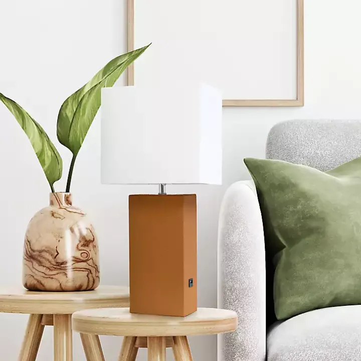 Caramel Faux Leather Charging Table Lamp