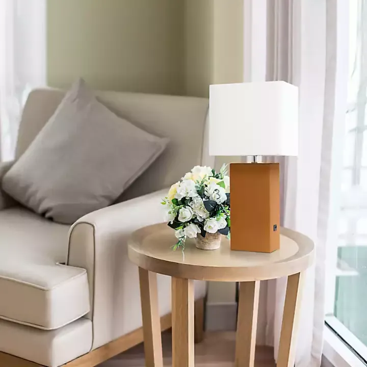 Caramel Faux Leather Charging Table Lamp