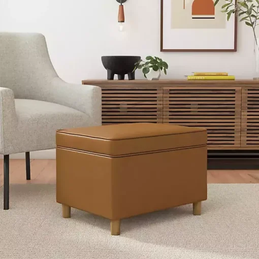 Caramel Faux Leather Storage Ottoman