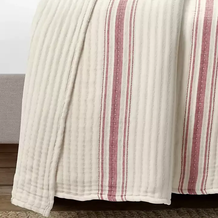 Cherry Red Pick Stitch Stripe Queen Quilt