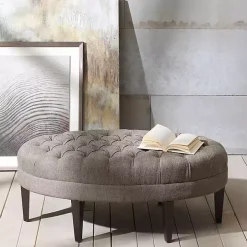 Cory Tufted Beige Linen Ottoman