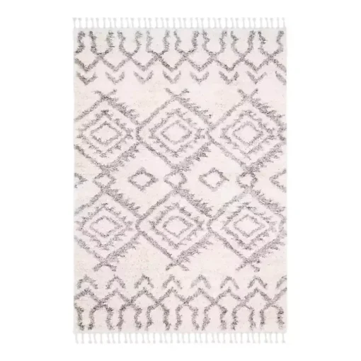 Cream and Gray Bergen Tribal Fringe Shag Rug, 5x7
