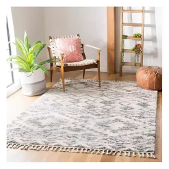Cream and Navy Moroccan Fringe Shag Rug, 5x7