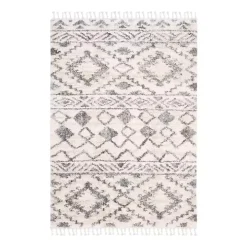 Cream and Navy Moroccan Fringe Shag Rug, 5x7