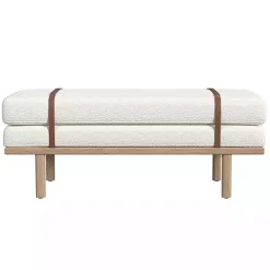 Cream Boucle Brown Faux Leather Bench