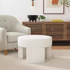 Cream Boucle Round Upholstered Ottoman