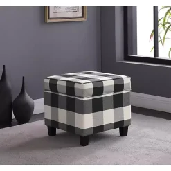 Cream Buffalo Plaid Upholstered Storage Ottoman
