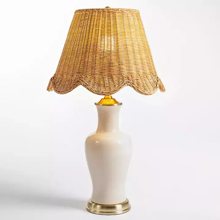 Cream Ceramic Table Lamp With Woven Shade