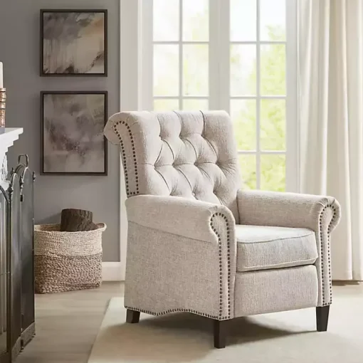 Cream Tufted Back Nailhead Trim Recliner Armchair