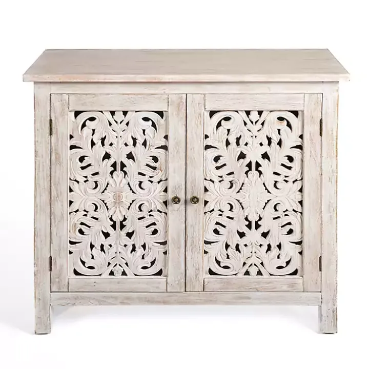 Cream Washed Wood Carved Door Cabinet