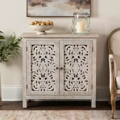 Cream Washed Wood Carved Door Cabinet