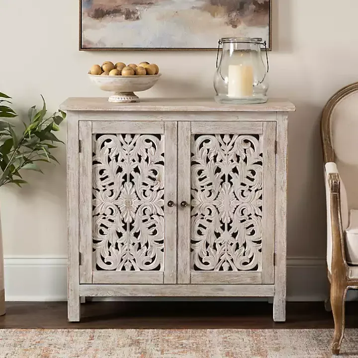 Cream Washed Wood Carved Door Cabinet