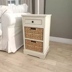Cream Wood Side Table with Woven Baskets