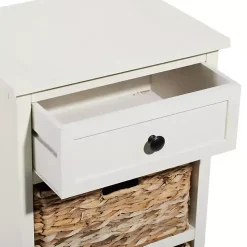 Cream Wood Side Table with Woven Baskets