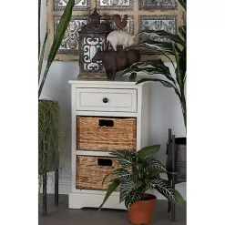 Cream Wood Side Table with Woven Baskets