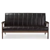 Dark Brown Faux Leather Channel Sofa, 63 in.