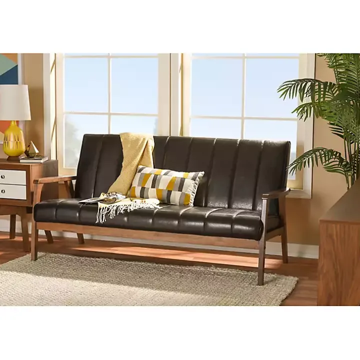 Dark Brown Faux Leather Channel Sofa, 63 in.