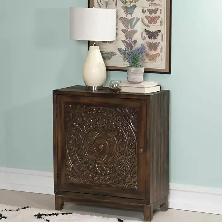 Dark Chestnut Medallion Carved Cabinet