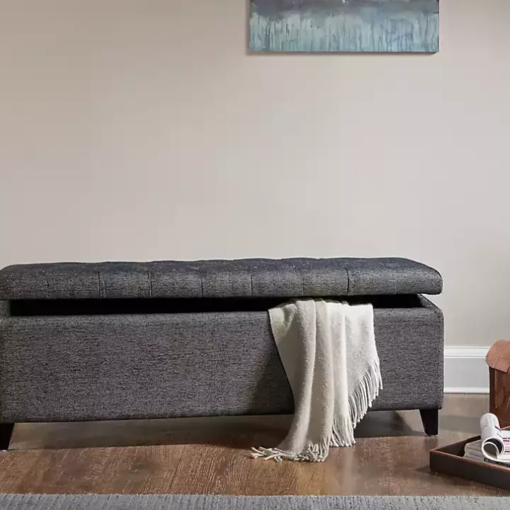 Dark Gray Button Tufted Storage Bench