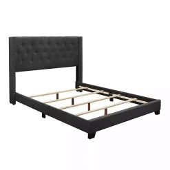Dark Gray Upholstered Button Tufted Wing Queen Bed