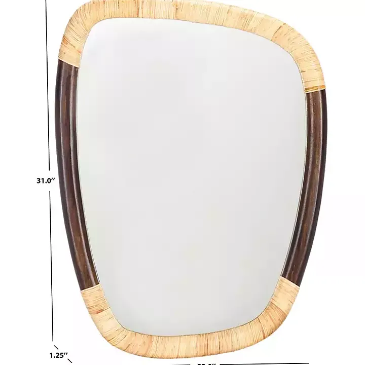 Dark Wood and Natural Cane Abstract Wall Mirror