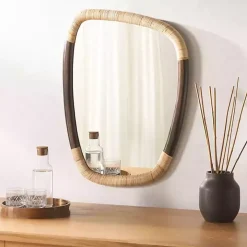 Dark Wood and Natural Cane Abstract Wall Mirror