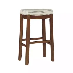 Dark Wood Bar Stool with Gray Striped Cushion