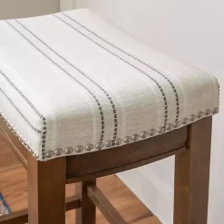 Dark Wood Bar Stool with Gray Striped Cushion