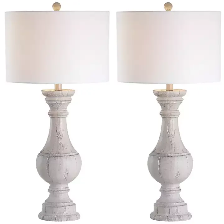 Distressed Ivory Faux Wood Table Lamps, Set of 2