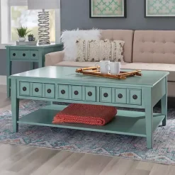 Distressed Turquoise Wood 3-Drawer Coffee Table