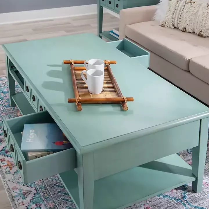 Distressed Turquoise Wood 3-Drawer Coffee Table