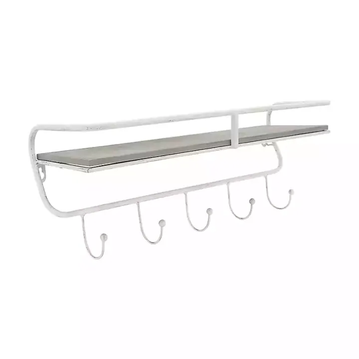 Distressed White Metal Wall Shelf with Hooks