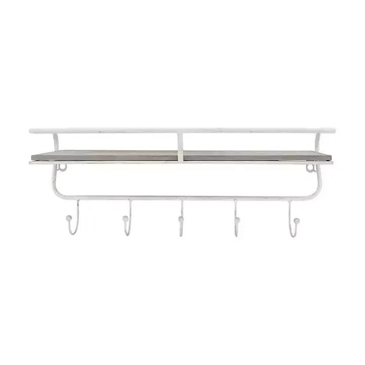 Distressed White Metal Wall Shelf with Hooks