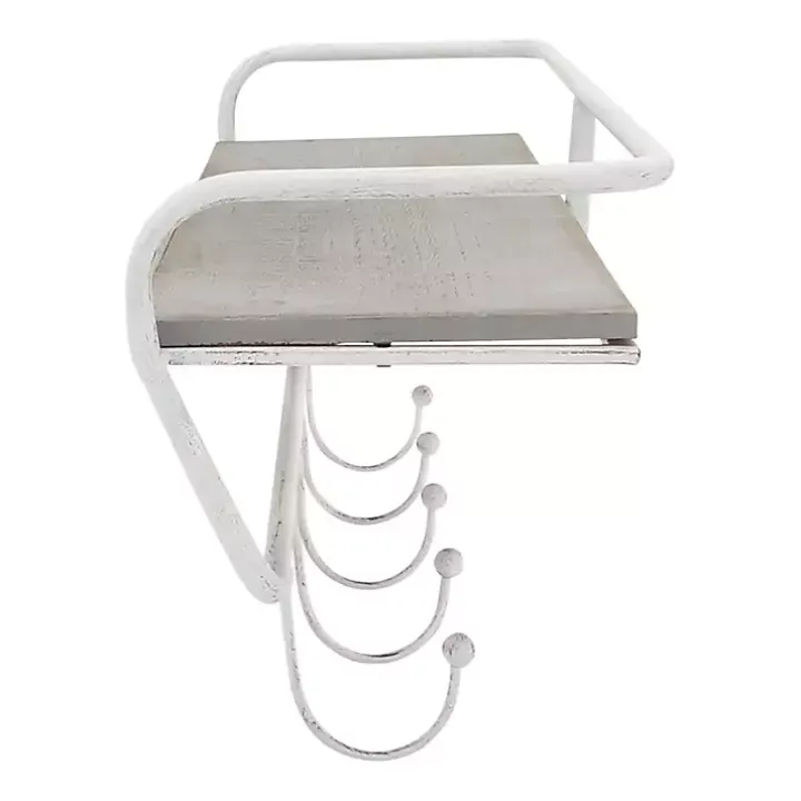 Distressed White Metal Wall Shelf with Hooks