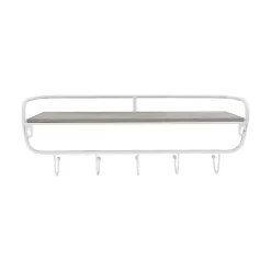 Distressed White Metal Wall Shelf with Hooks