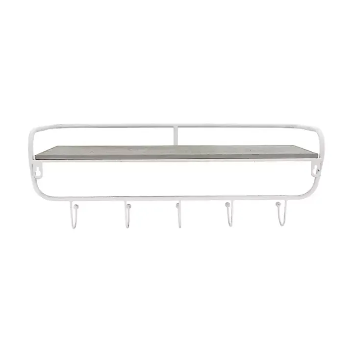 Distressed White Metal Wall Shelf with Hooks