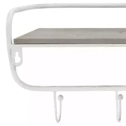 Distressed White Metal Wall Shelf with Hooks