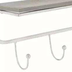 Distressed White Metal Wall Shelf with Hooks