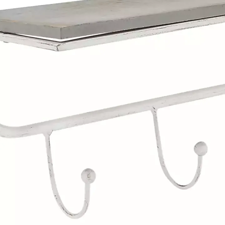 Distressed White Metal Wall Shelf with Hooks