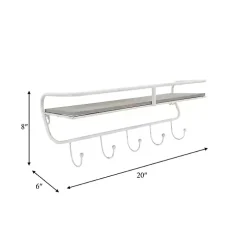 Distressed White Metal Wall Shelf with Hooks