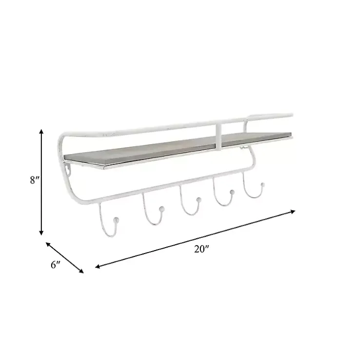 Distressed White Metal Wall Shelf with Hooks